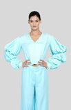 Load image into Gallery viewer, Pastel Blue Barcode Balloon Sleeve Blouse